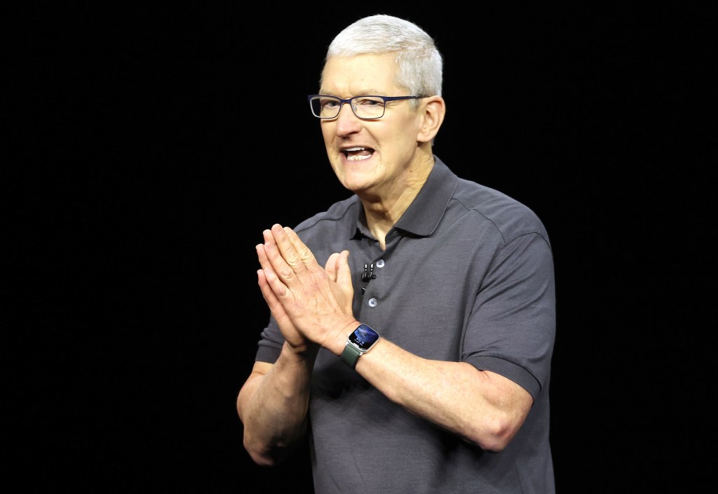 Apple CEO Tim Cook delivers remarks during a special Apple event on September 12, 2023 in Cupertino, California.  Apple is set to unveil the new iPhone 15 and Apple Watch.